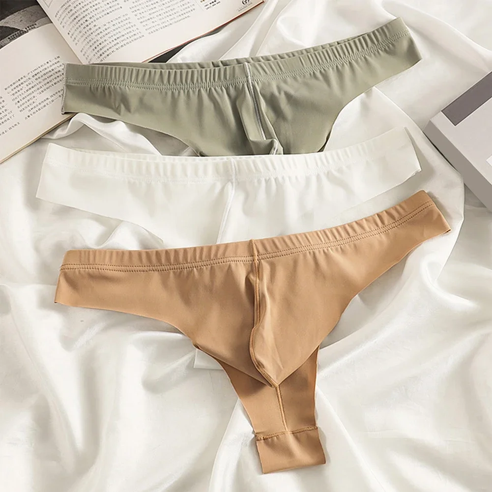 Men's Ice Silk Briefs Tanga Basic Simple Underwear T-Panties Man M-XXL Size Thongs G-Strings Bulge Pouch