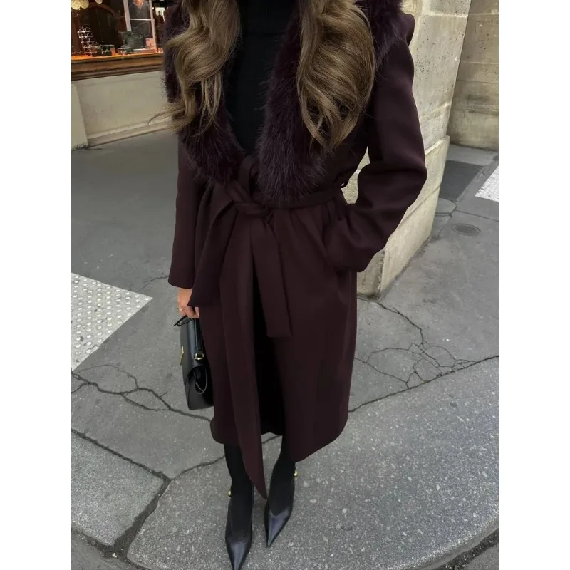 معطف نسائي أنيق بياقة من الفرو معطف صوفي أنيق بياقة على شكل حرف v وأكمام طويلة وأربطة معاطف طويلة فضفاضة للسيدات ملابس خارجية للشارع للتنقل اليومي