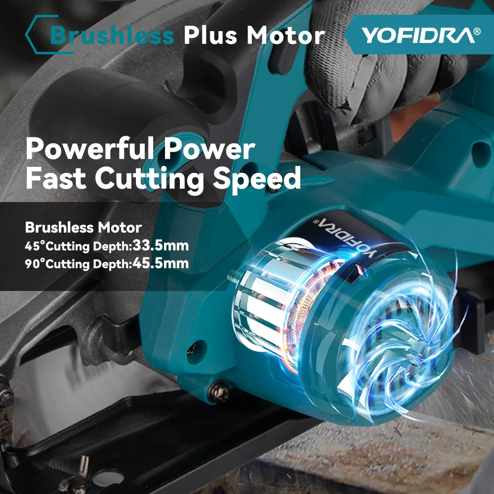 YOFIDRA 7Inch Brushless Electric Circular Saw 180mmCordless Adjustable Angle Cutting Power Tool Fit For Makita 18V Battery Pin