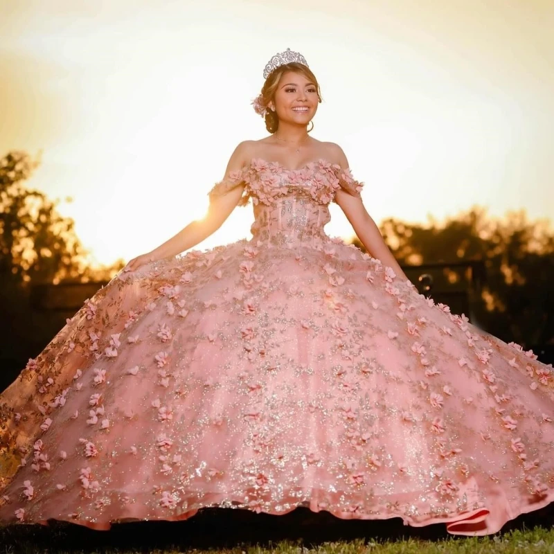 Vestido de baile con hombros descubiertos para niña, vestido de quinceañera con cuentas, flores 3D, vestidos de fiesta de cumpleaños, vestidos de graduación, dulce 16, rosa de México