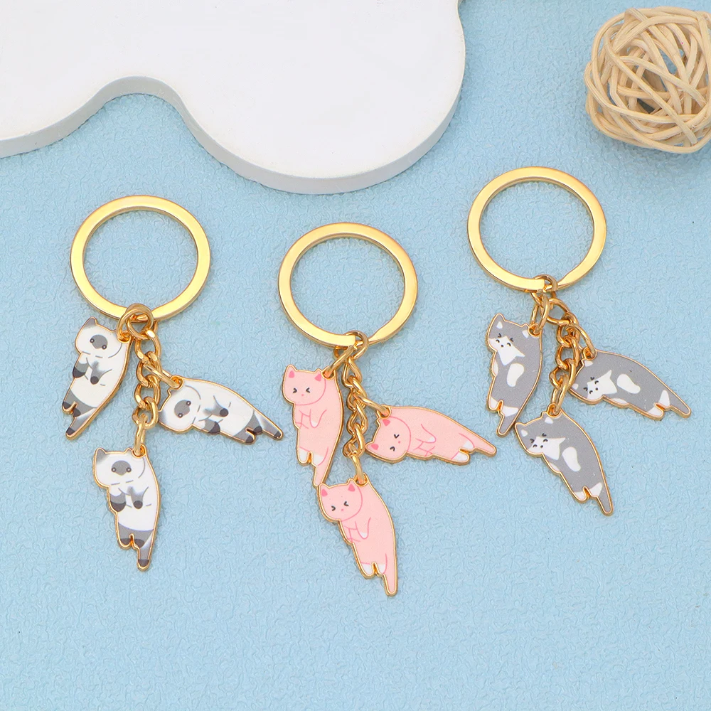 Lovely Three Kitten Keychains Fashion Pet Cat Keyring for Women Girl Purse Handbag Ornament Car Key Holder Accessories Jewelry