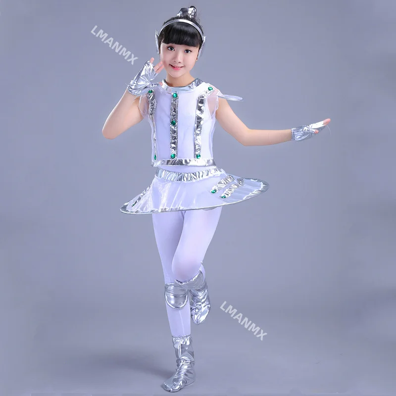 Costume da Robot per bambini bianco argento astronauta Performance Space Stage Dance Show Time abbigliamento abbigliamento da ballo Unisex ragazzo o ragazza