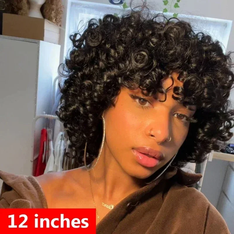 Short Curly Bob Wig Human Hair With Bangs Wear And Go Glueless Bouncy Curly Human Hair Wigs Machine Made Afro Wigs for Women V