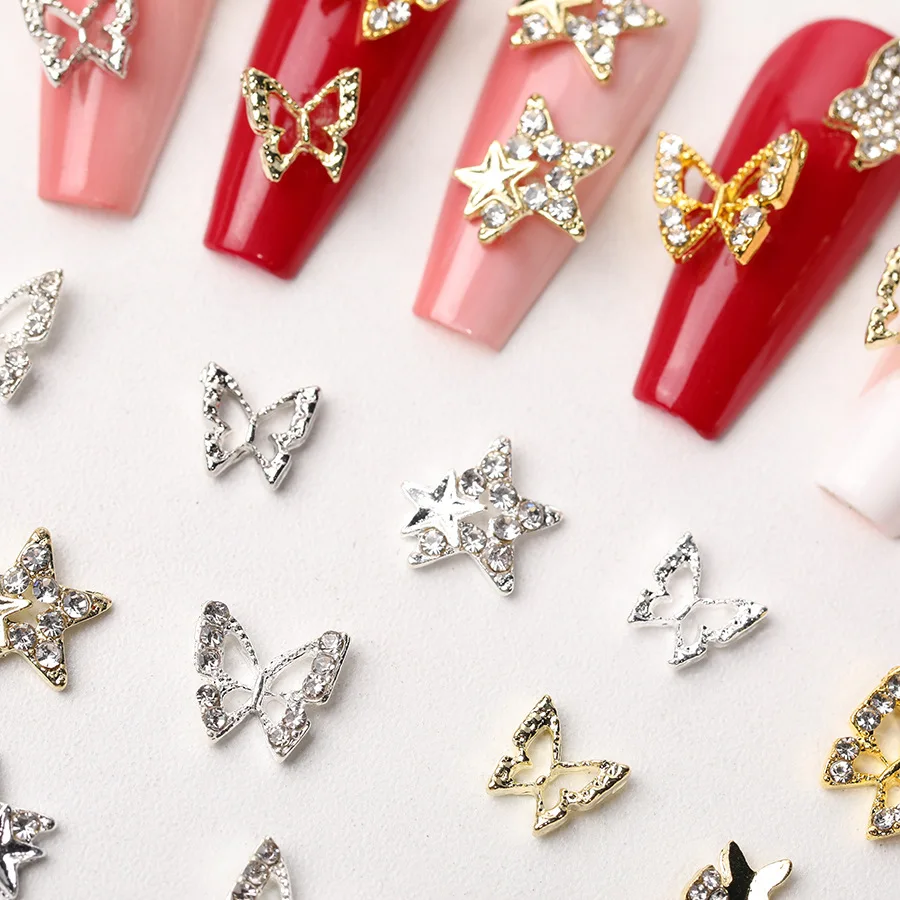 Oco Pentagram Star Butterfly Nail Art Charms, cristais brilhantes, Diamante Nails Decorações, Liga 3D, Acessórios de luxo, 10pcs