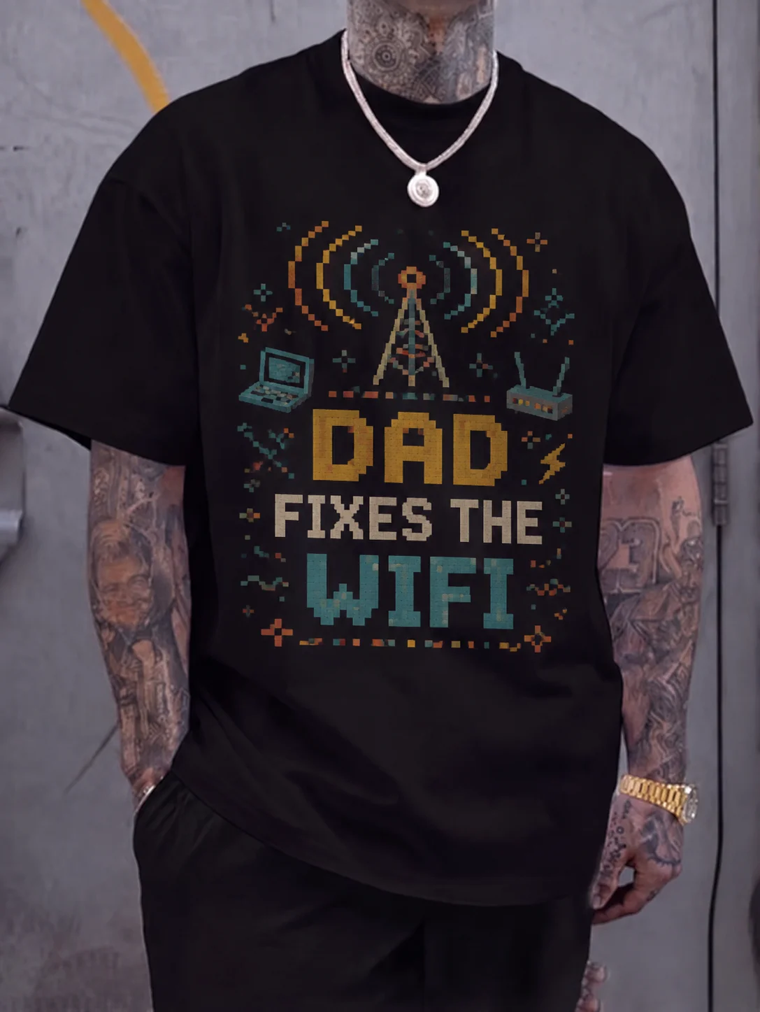 

Men Graphic T Shirt Short Sleeve Classic Fit 50 Percent Cotton 50 Percent Polyester Stretch Fabric Dad Fixes Wifi Pixel Print