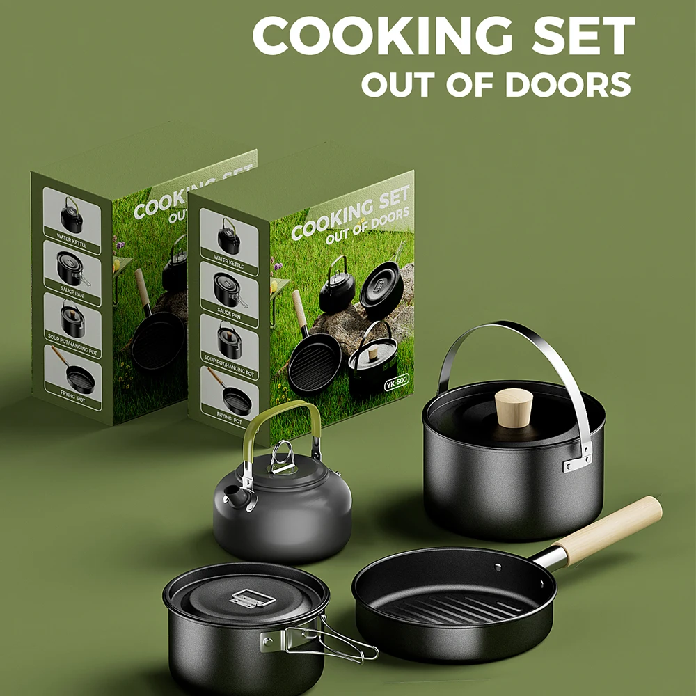 

4 шт., уличный кухонный чайник, комбинированный портативный походный набор для приготовления барбекю, антипригарные наборы посуды из алюминиевого сплава
