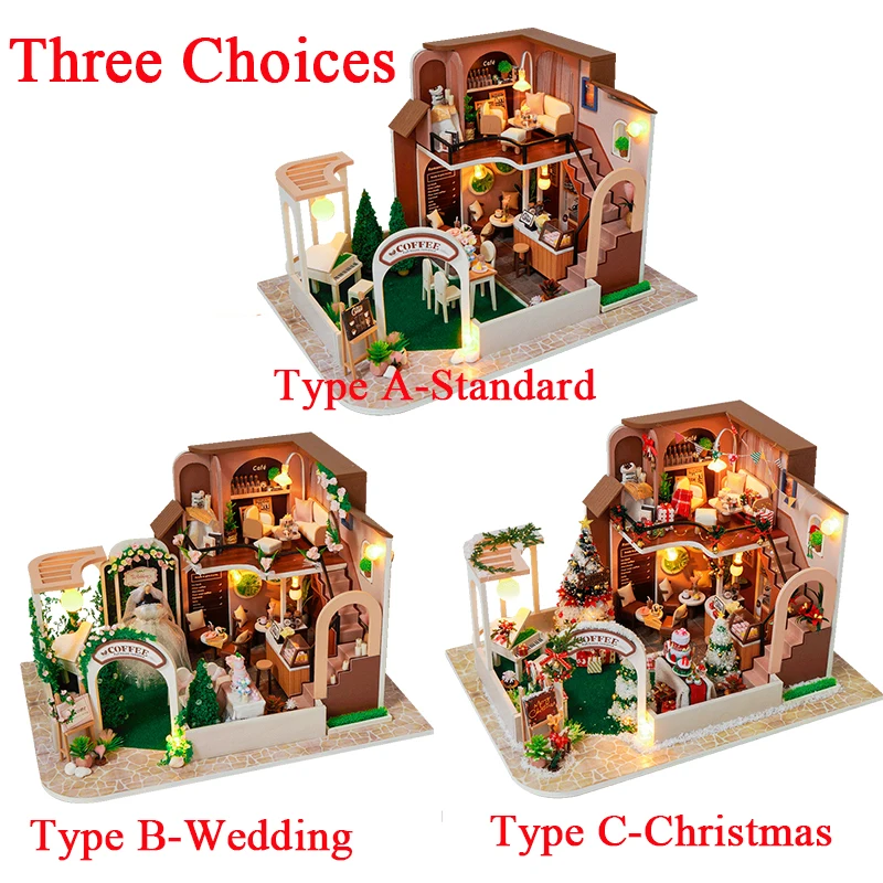 DIY Wooden Doll Houses Wedding Coffee Shop Casa Miniature Building Kit Villa Dollhouse with Furniture Led Light for Girls Gifts