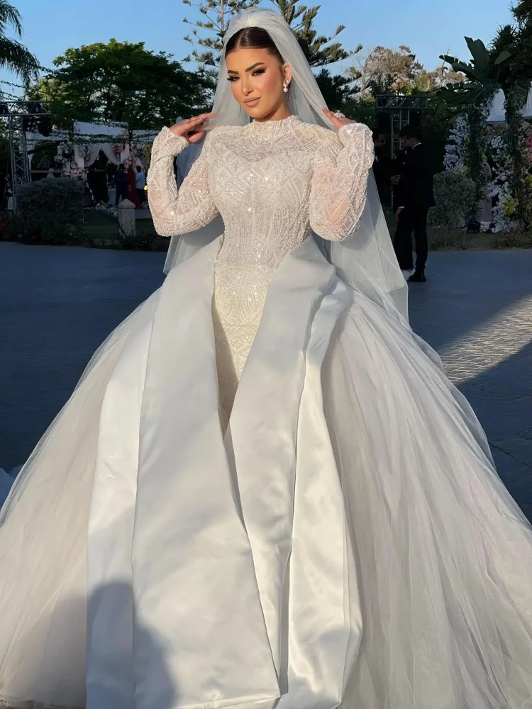 

Luxurious Mermaid Lace Bead High Collar Hand Embroidered Bridal Gift New Sexy High Collar Long Sleeve Bridal Dress Customized