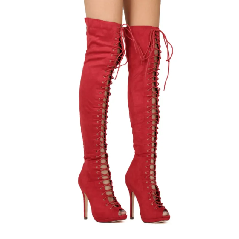 Faux Suede Peep Toe Lace Up Thigh High Boot Stiletto Heels Cross-tied  Over The Knee Boots Cool Boots