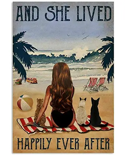 Vintage Tin Sign Beach Lived Happily Cats Curly Hair Metal Poster Wall Decoration for Home Club Garage Store Bar Cafe Farm