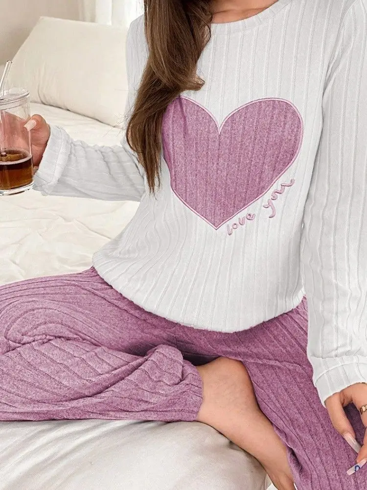 Autumn Winter Sleepwear Women Pajamas Set Casual Heart Printed Long Sleeve Tops and Trouses Sets Homewear Loungewear