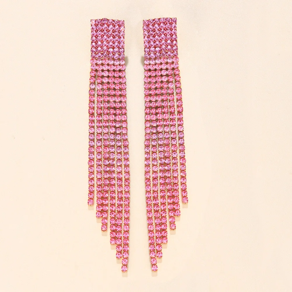 Elegant Long Tassel Fuchsia Crystal Earrings Ladies Exaggerated Earrings Rhinestone Korean Jewelry