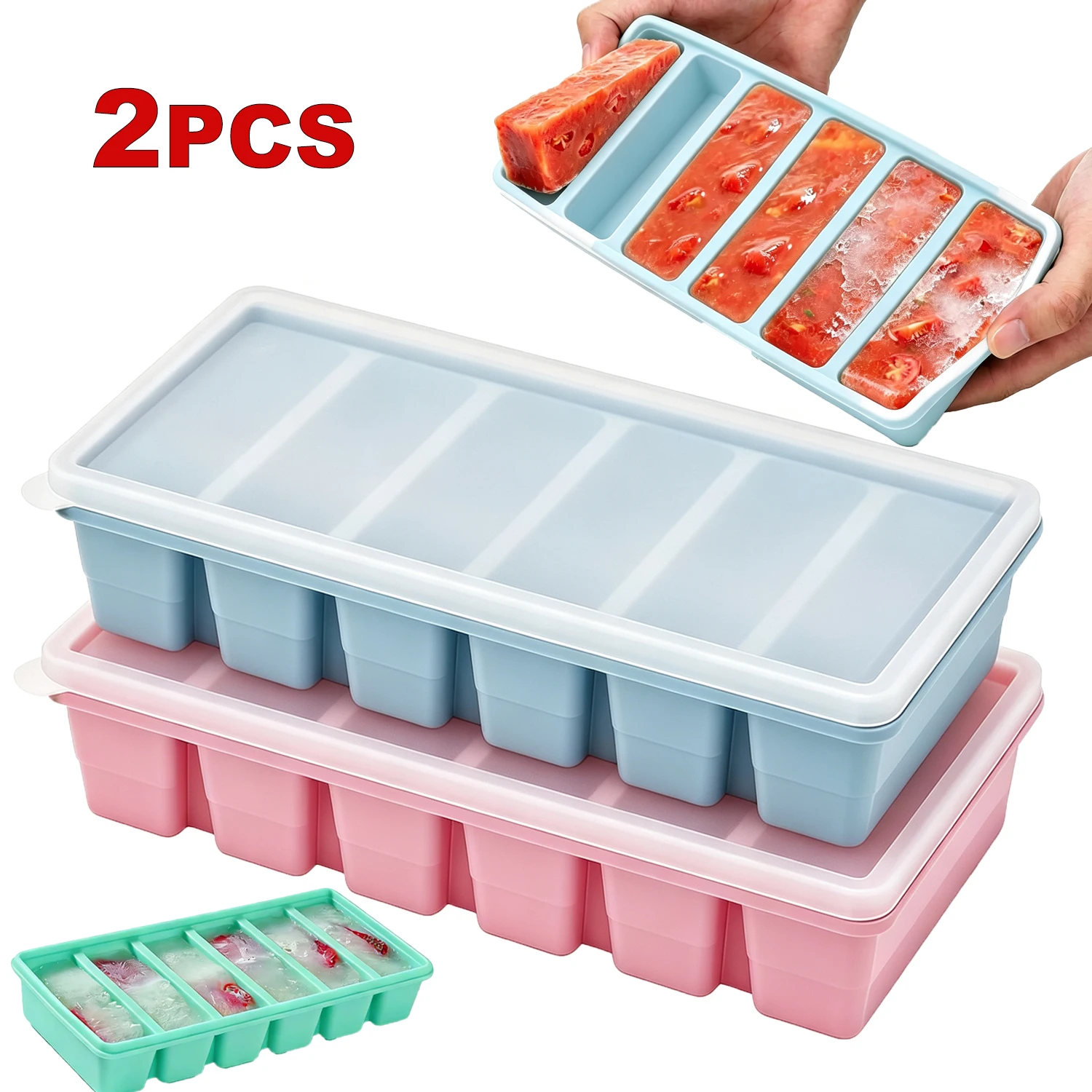 6 Grids Long Strip Silicone Ice Cube Mold Reusable Rectangular Freezer Tray Big Ice Cube Trays with Lid for Soup Broth Sauce