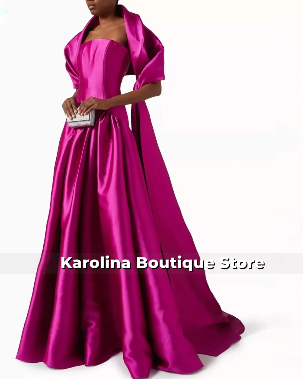 Sukienka wieczorowa dla kobiet, satynowa, w kolorze intensywnego różu, z peleryną, elegancka, idealna dla gości weselnych, na specjalne okazje i studniówki.
