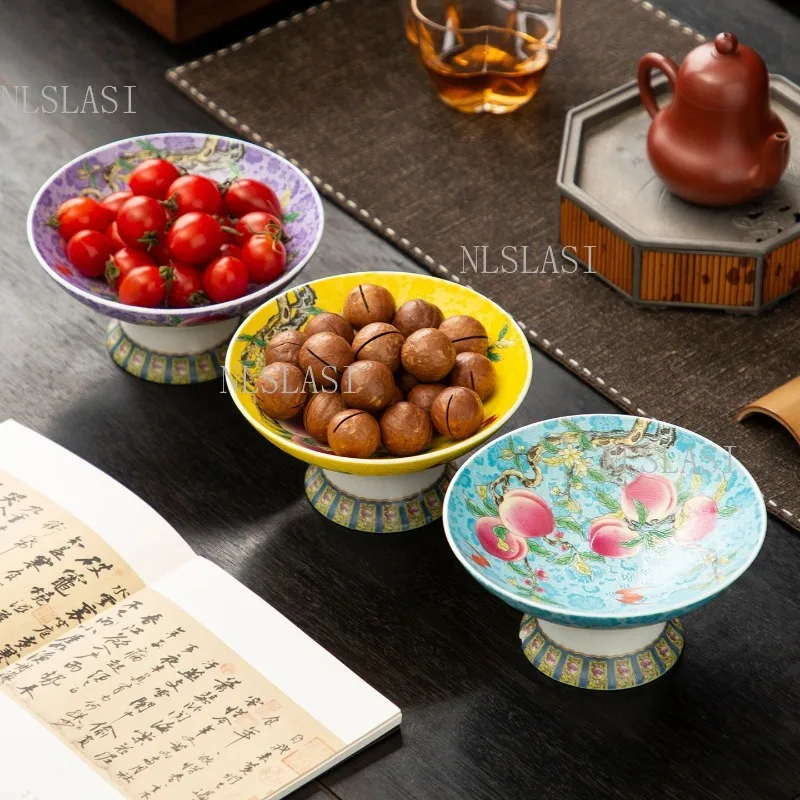 Turquoise Base Famille Rose Peach Pattern High Foot Porcelain Fruit Bowl Background Glaze Decorative Serving Tray Dessert plate
