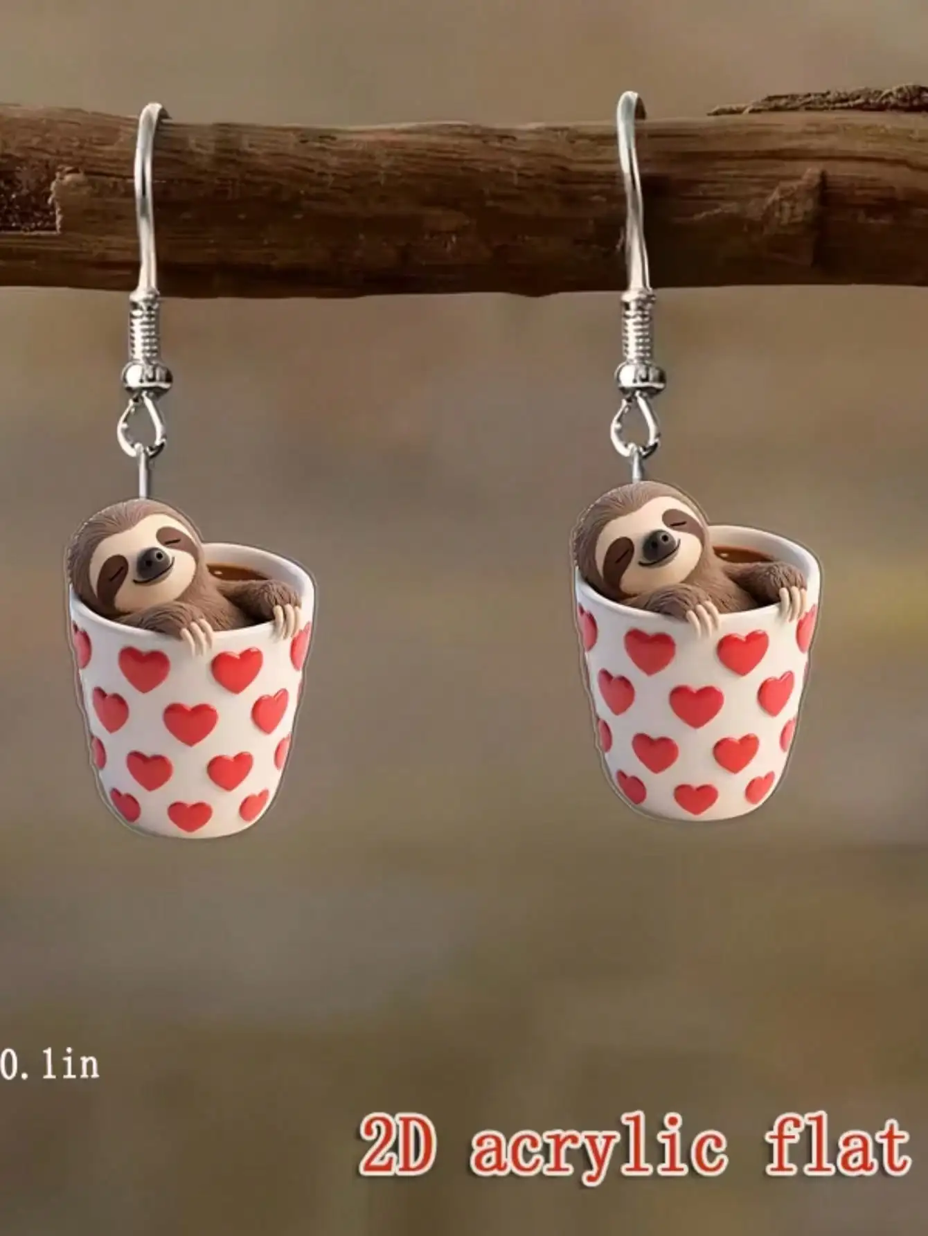 

2D-акриловые серьги-капли с ленивцом в сердечке, крючки из нержавеющей стали