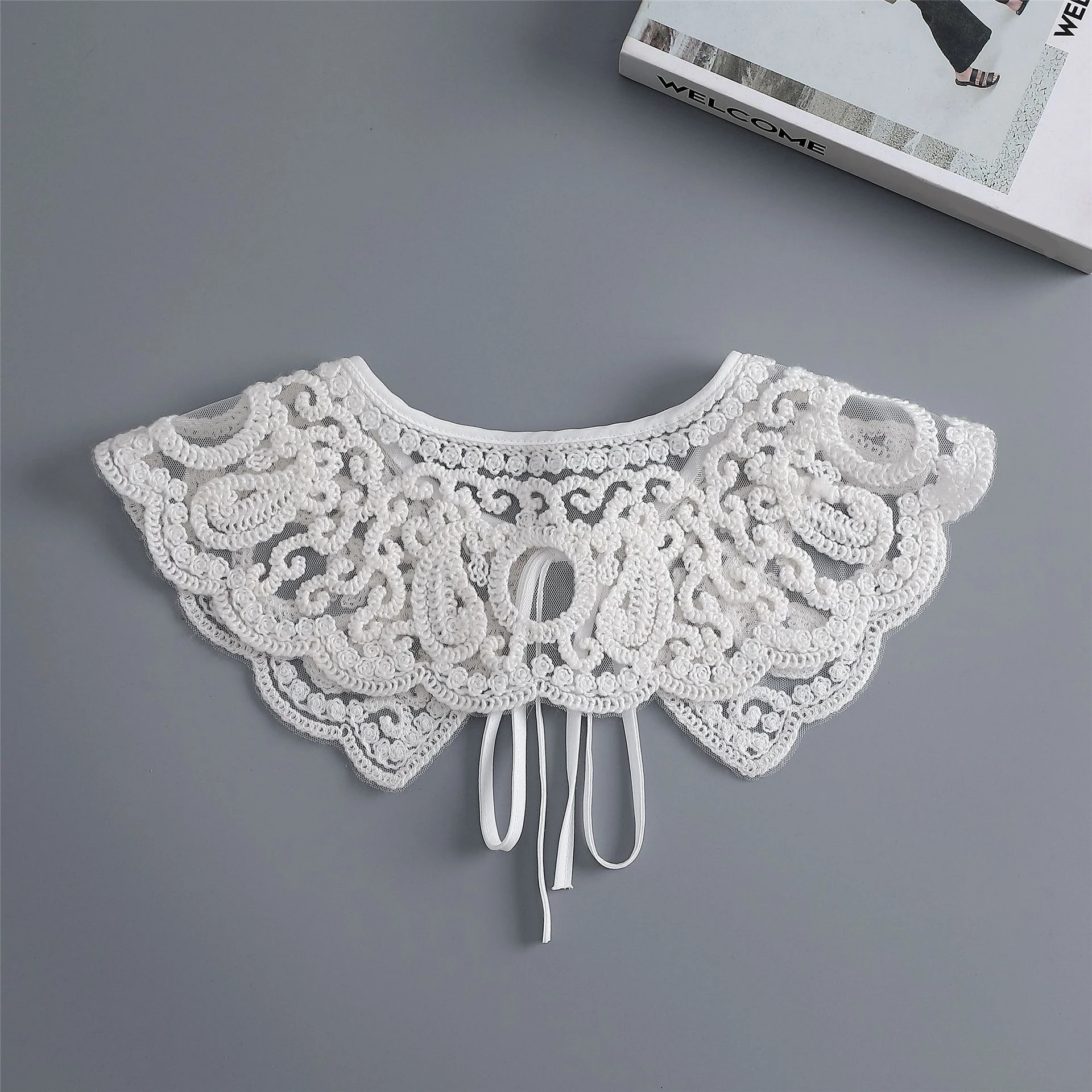 Fashion Women White Lace Fake Collar Shawl for Shirt Blouse Detachable Collar Girls Floral Bowknots Necklace Lapel False Collar