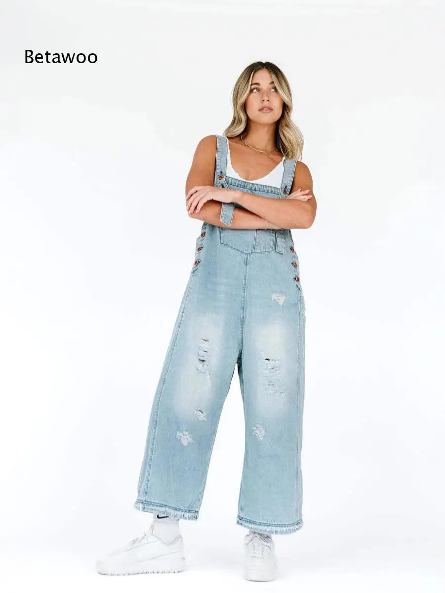 Women's Ripped Denim Overalls Wide Leg Loose Fit Jumpsuit with Adjustable Straps in Light Blue Wash for Casual Daily Wear