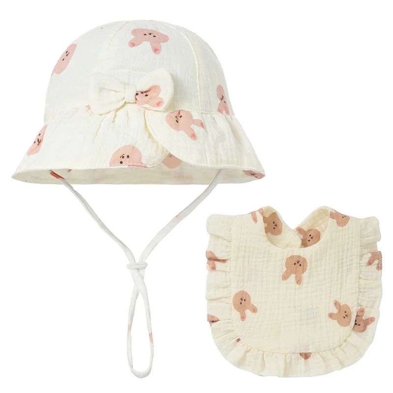 2 buah topi Bucket bayi topi nelayan bayi pita manis untuk anak perempuan putri dengan Set Bib air liur makan bayi topi matahari anak-anak Musim Panas Panama