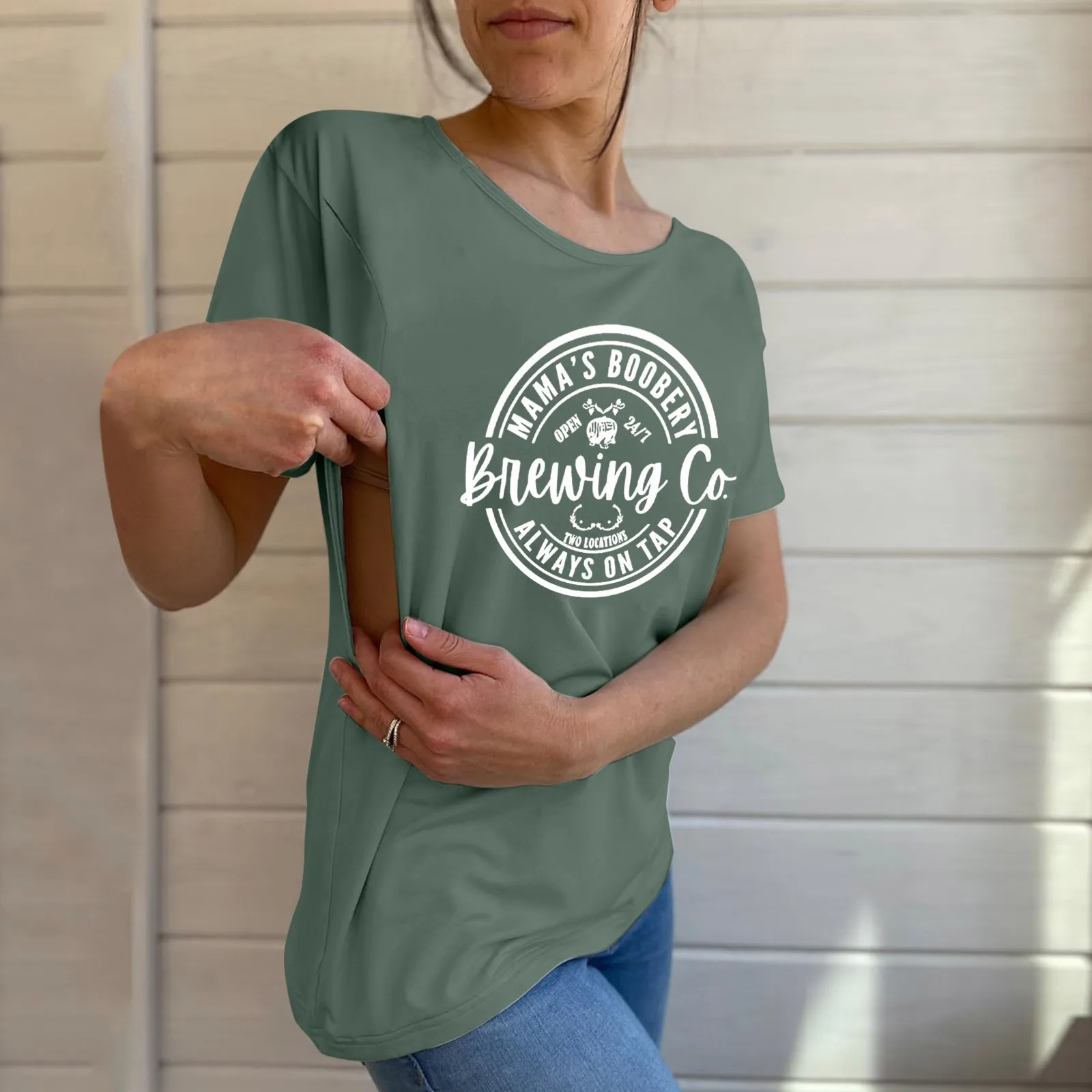 Women Maternity Shirt Breastfeeding Nursing Friendly Zip T-shirt Mama's Always On Tap Tops Loose Casual Letter Print Tees