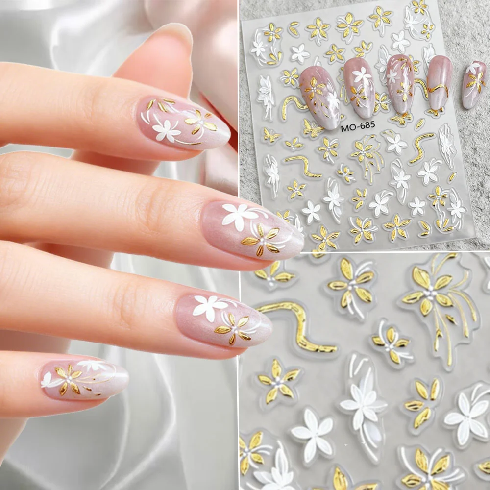 1Pcs 5D Embossed Luxury White Gold Floral Nail Stickers Retro Five-petal Flowers Nail Art Decals Spring/Summer Nail Decorations