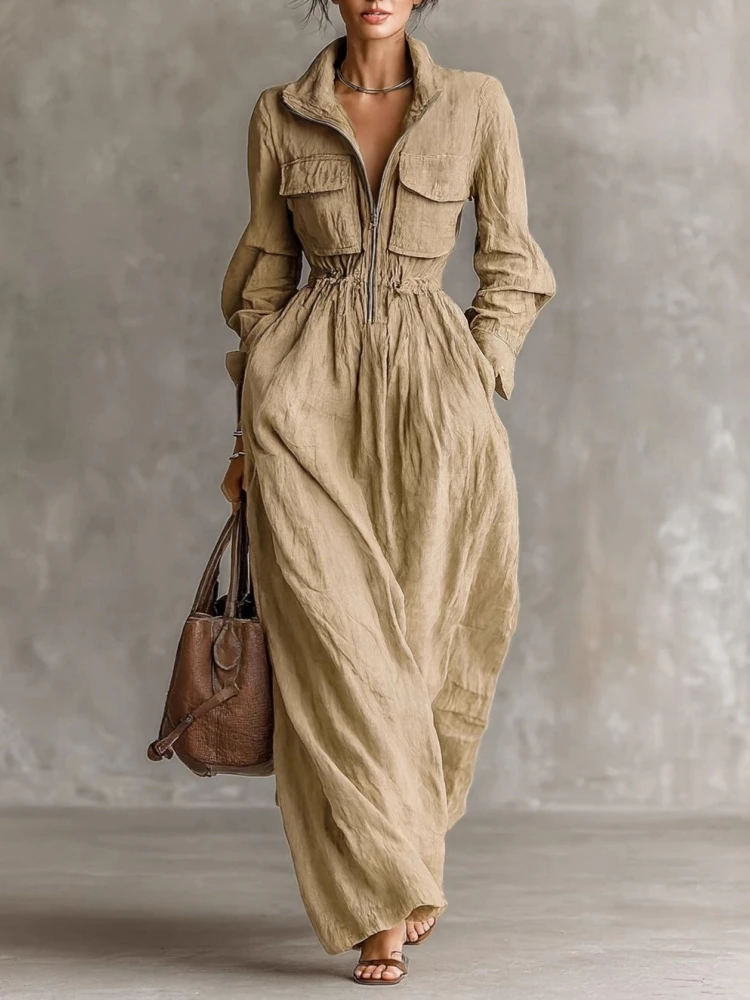 Fashion Zipper Lapel Collar Pocket Long Dress for Women Casual Long Sleeve Solid Party Dress Elegant Elastic Waist Maxi Dresses
