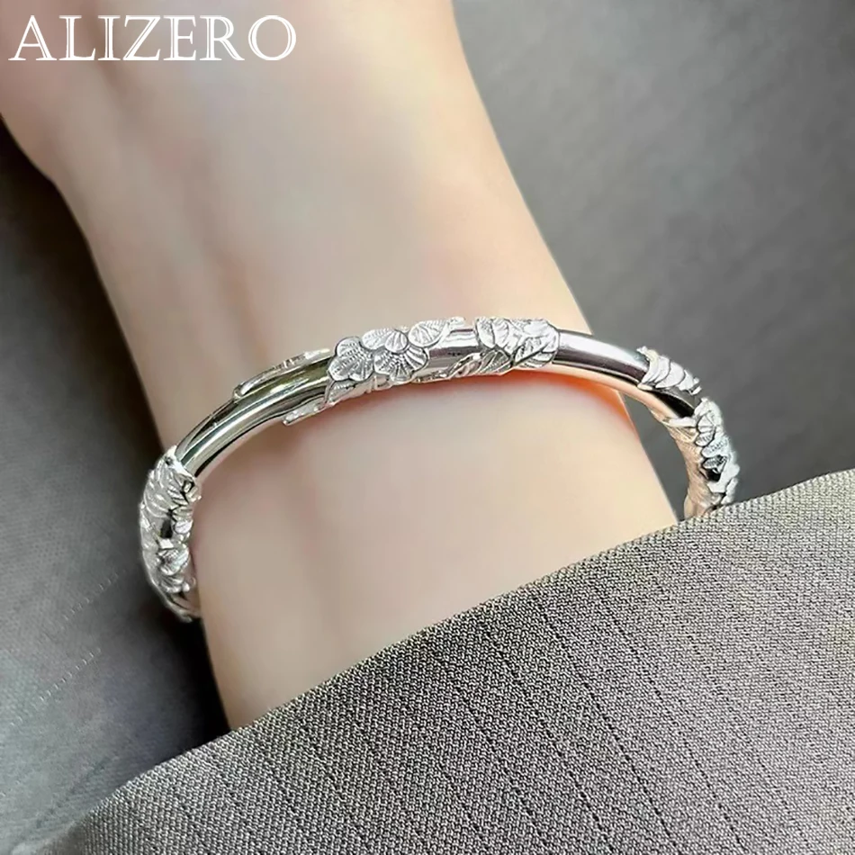 ALIZERO 925 Sterling Silver Full-blown Flowers Bangle Bracelet For Women's Delicate Open Adjustable Bracelets Fashion Jewelry