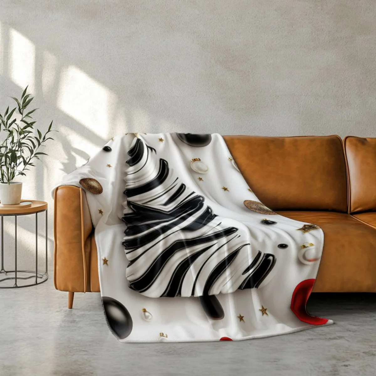 黒と白のクリスマスツリー柄のフランネルブランケット 1 枚。ソファ、ベッド、オフィス、旅行、キャンプ、クリスマスに適しています。