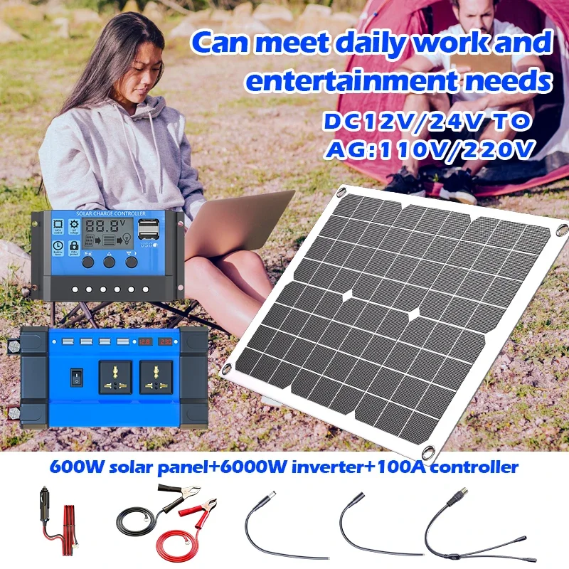 6000W Dual Solar Panel Inverter Kit: 2x600W Portable System + 100A mppt Controller & 110V 220V Inverter for RV/Camping/Off-Grid
