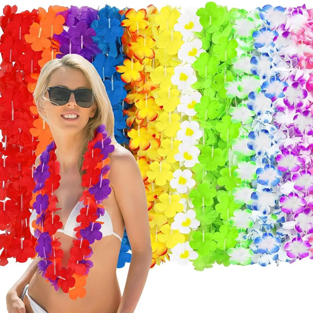 

24/50/100Pcs Colorful Hawaiian Leis Vibrant Reusable Tropical Theme Leis Beach Holiday Artificial Faux Flower Garland Necklace