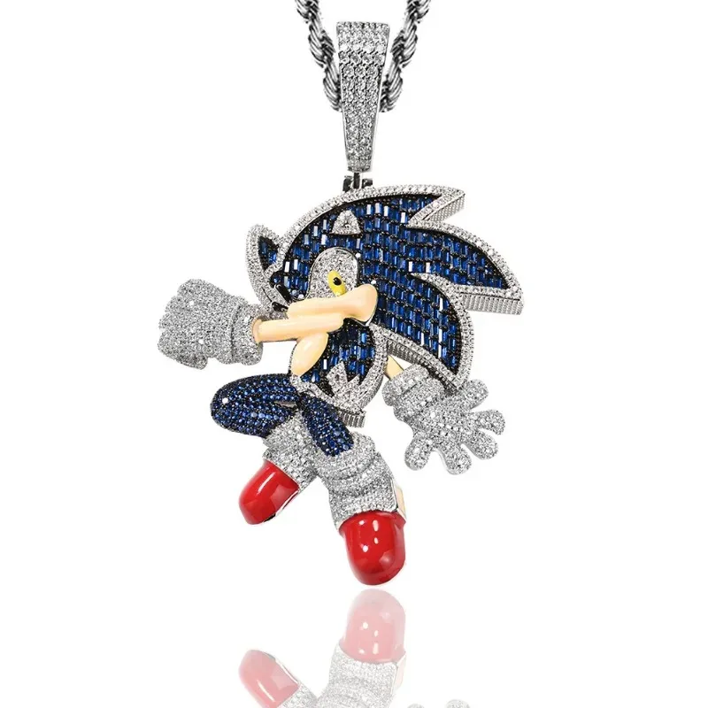 New Anime Sonic The Hedgehog Stone Blue Cubic Zirconia Solid Back Necklace Pendant Anime Cartoon Necklace Fashion Charm Jewelry