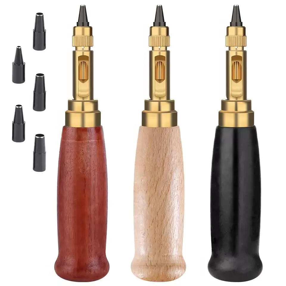 1Pc Wooden Handle Leather Hole Punching Tools with 6 Sizes Tips 1.5-4mm Removable Automatic Belts Screw Punch Leather Tools Set