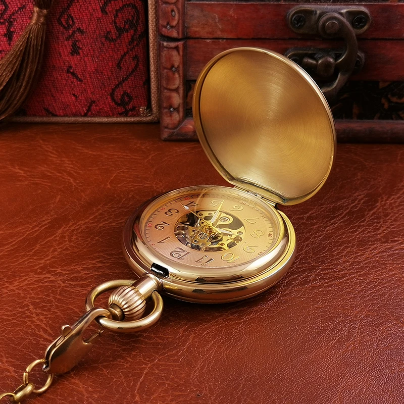 ساعة جيب ميكانيكية أوتوماتيكية بالكامل من النحاس النقي للرجال والنساء، ساعة قلادة بحنين قابلة للطي