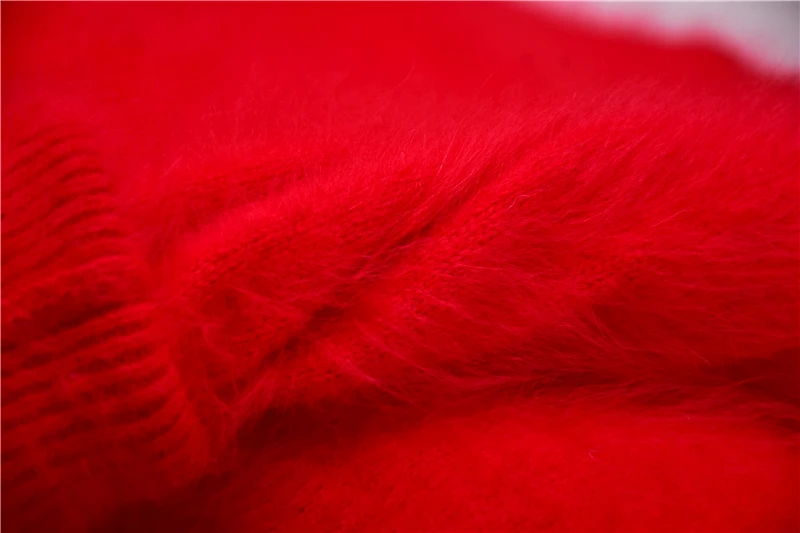 Ladies Women Fall Winter Red Hairy Mink Cashmere Knitted Turtleneck Long Sleeves Slim Blouses Underwear Sweater Jumper Pull Tops