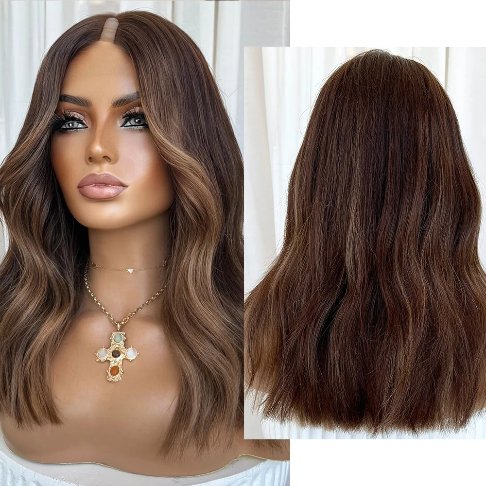 

Glueless Easy Wear Women's Auburn Brown Hightlight Ash Blonde Adjustable U Part Wig Body Wave Human Hair Natural V Part Wig Remy