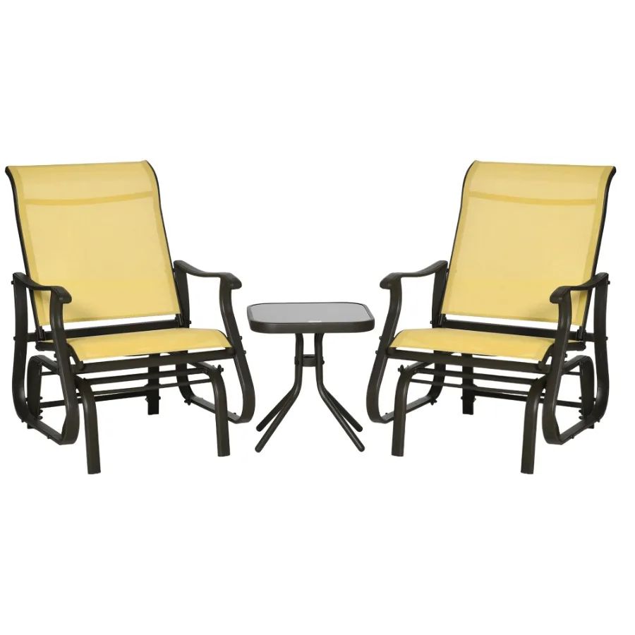 Outsunny 3-Piece Outdoor Gliders Set Bistro Set with Steel Frame Tempered Glass Top Table for Patio Garden Backyard Lawn Beige