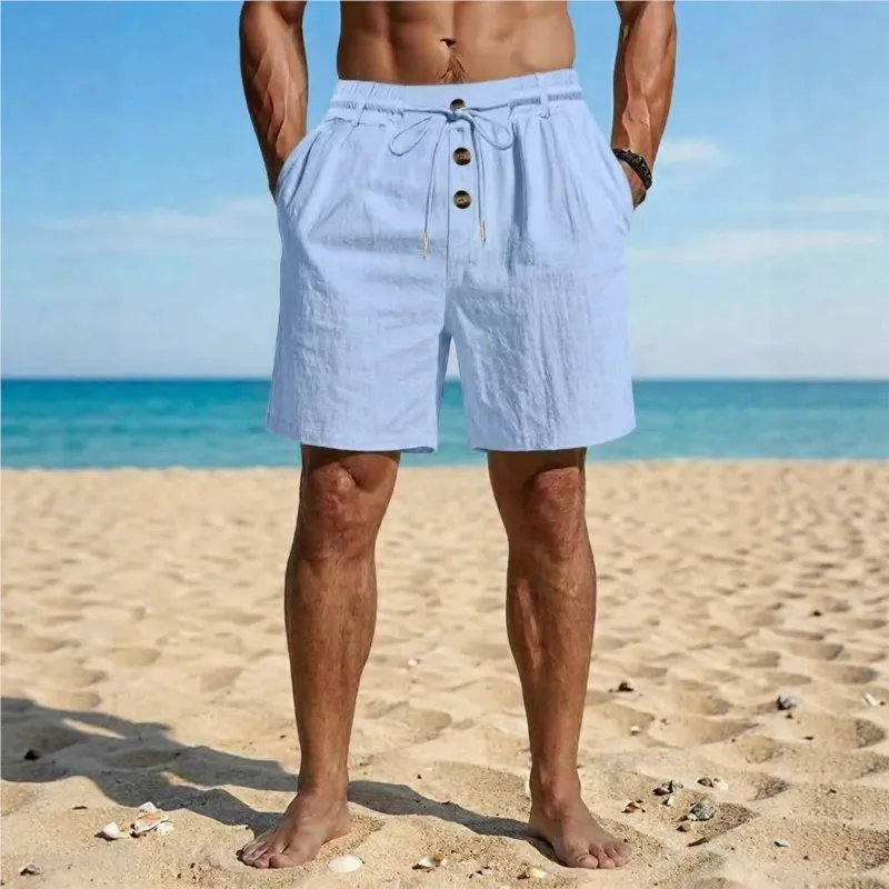 Summer new cotton and linen men's shorts 2026 Hawaii loose fashion casual button decoration men's beach shorts