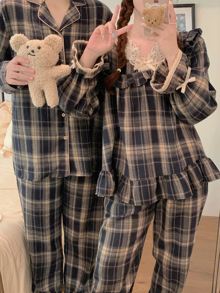 New 2colors Home Lovers Couple Lace Plaid Stripe Vintage Thicken Long Sleeve Pajama Set Women Sweet Loose Kawaii Sleep Tops InS