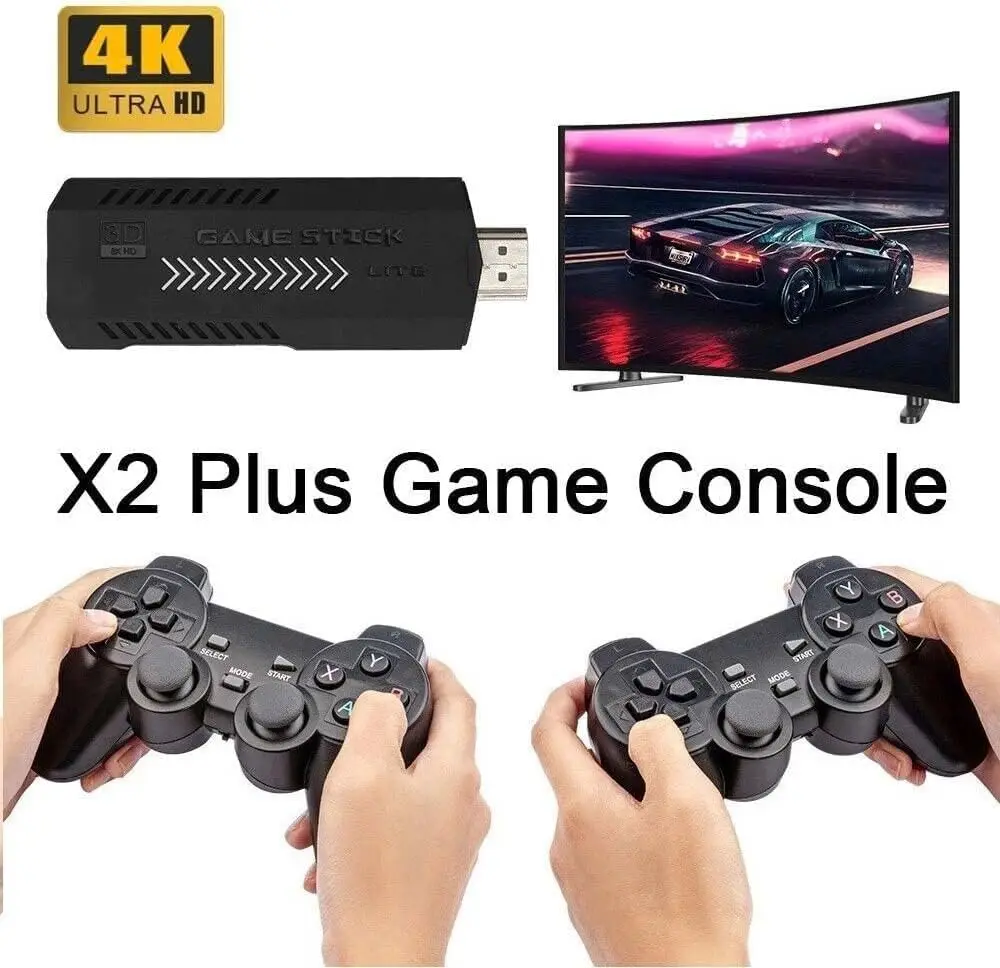 X2 Plus Game Stick 4K HD Video Game Console 2.4G Double Wireless Controller Retro Game Stick For N64/PSP/PS1/GBA