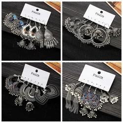 Women's Earrings Set Ethnic Retro Silver Color Chain Tassel Earrings Boho Flower Geometric Dangle Earrings Female Indian Jewelry