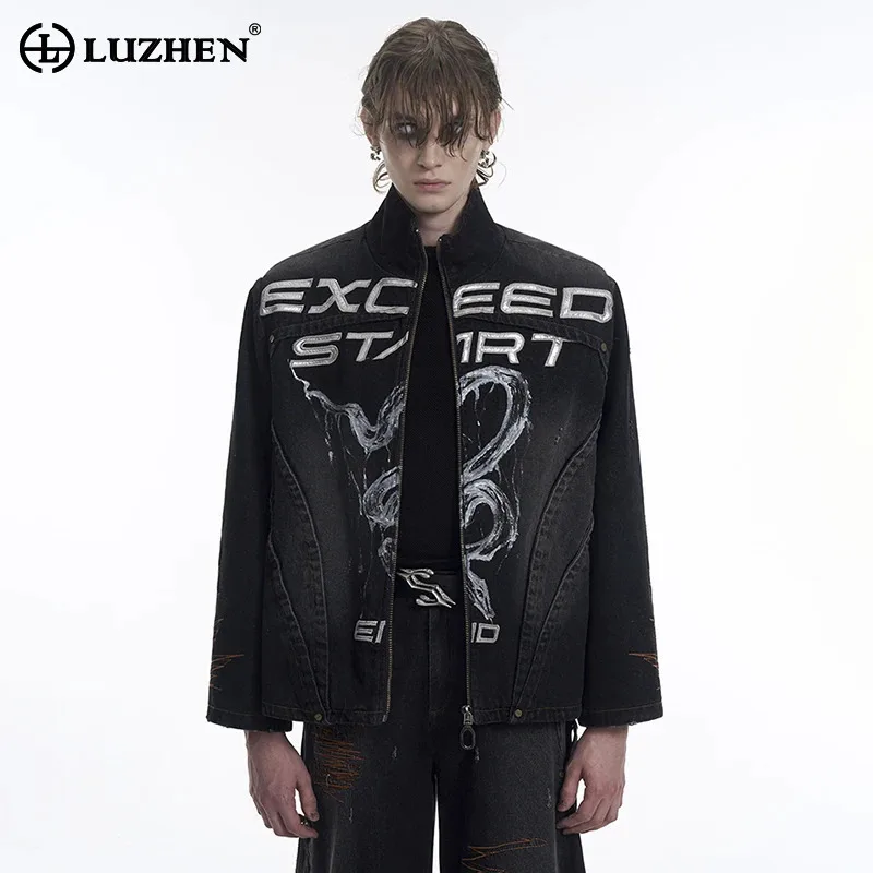 LUZHEN 2025 New Fashion High Street Wear Men Original Personalized Letter Patchwork Tie-dyed Pattern Design Denim Jacket LZ8574