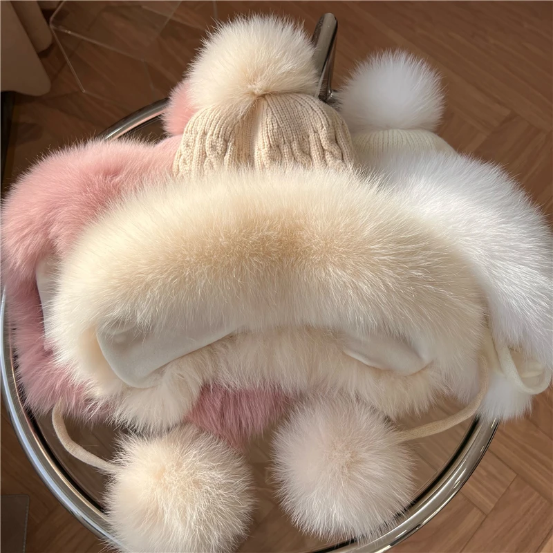 Classic Women Aviator Russian Ushanka Trapper Winter Fluffy Real Fox Fur Trimmed Pompoms Hat with Earflap Thick Warm Caps