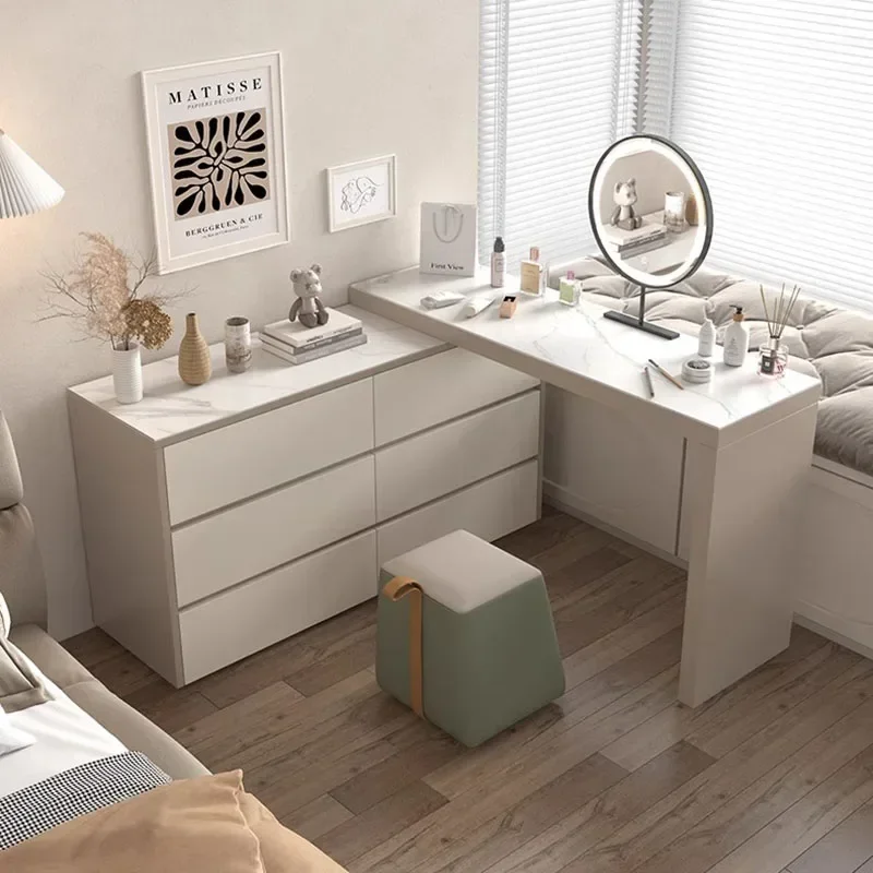 ลิ้นชักเก็บโต๊ะเครื่องแป้งโมเดิร์น Minimal Beige ห้องกระจกโต๊ะเครื่องแป้ง Organizer หรูหรา Coiffeuse De Chambre เฟอร์นิเจอร์