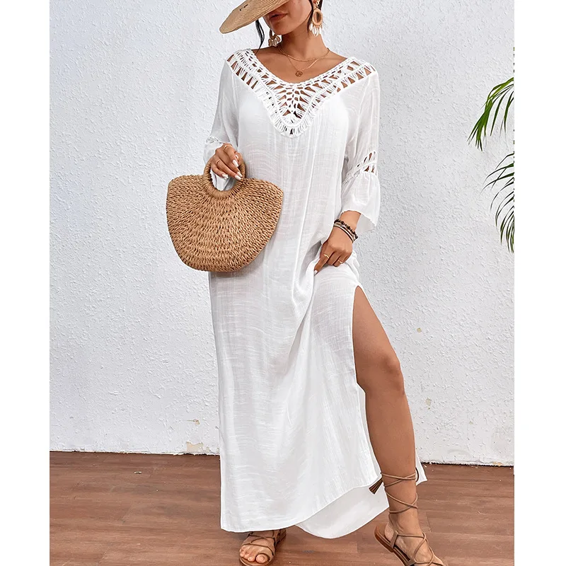 

2025 Crochet Splicing Backless Tie Up Long Dress Sexy Hollow-Out Sunscreen Smock Beach Swimsuit Cover Up With Colored Balls