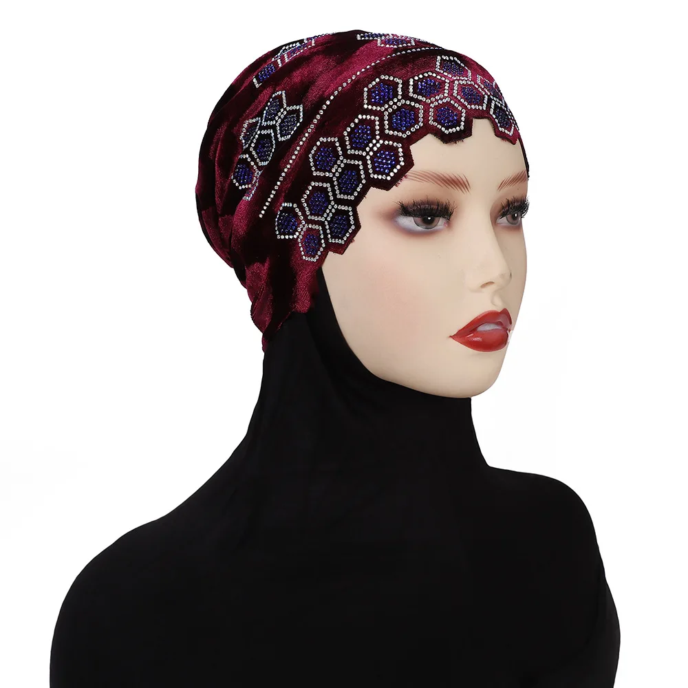ムスリム女性用インナーヒジャブ帽子 ベルベットターバン ラインストーンビーニー ボーンボンネット アンダースカーフ 脱毛症用キャップ ケモキャップ ターバンテ ムヘール ヘッドウェア