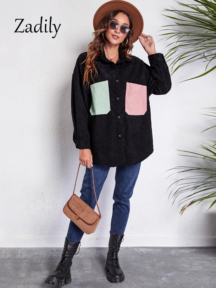 Zadily-Camisa larga de pana de manga larga para mujer, blusa de gran tamaño con bolsillo de retazos, Top cálido para invierno, 2023