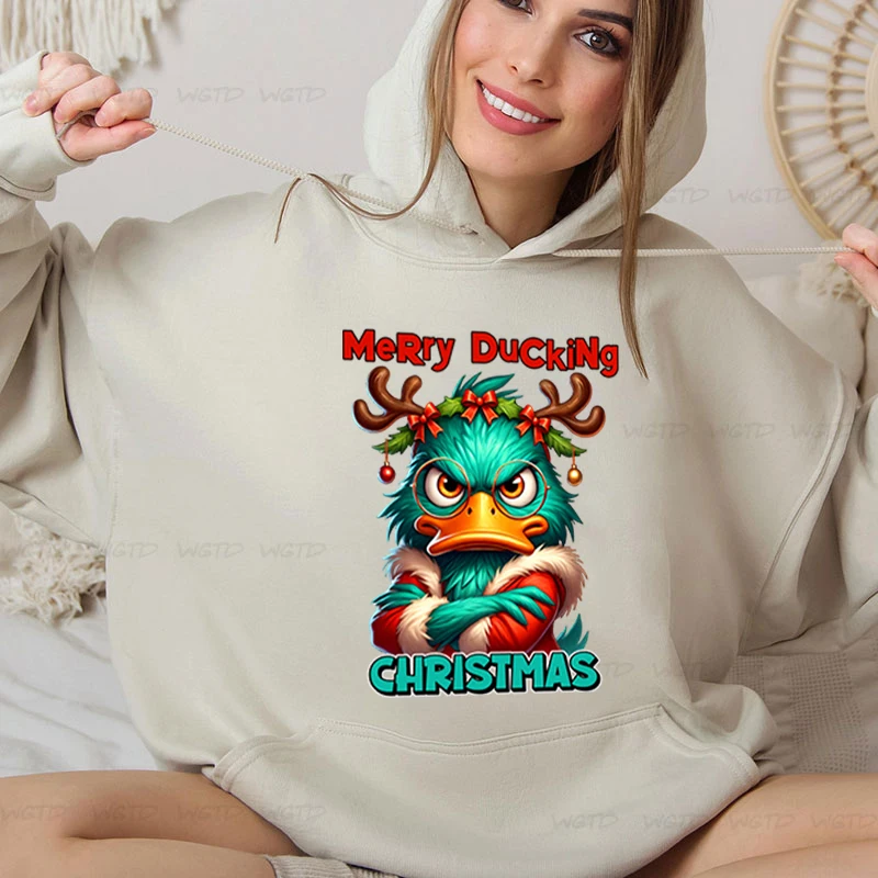 Merry Ducking Christmas Sweatshirts Hoodies Women Funny Sarcastic Duck Trending Pullover Hoodie Watercolor Ducks Cartoon Sweater