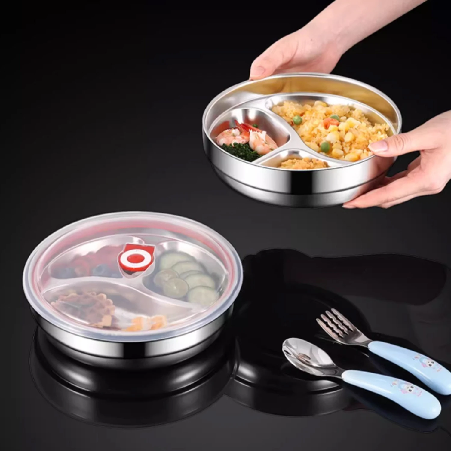 

1pc, SUS304 Stainless Steel Double-layer Dinner Plate, Suitable for Teenagers and Workers, Students and Office Workers, Divided