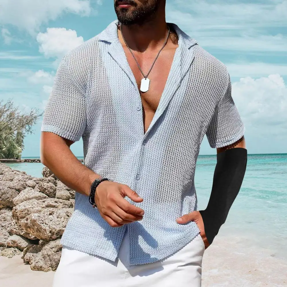 Summer Men Shirt Knitted Hollow Elastic Vintage Short Sleeves Shirt Single-breasted Cardigan Vacation Beach Top