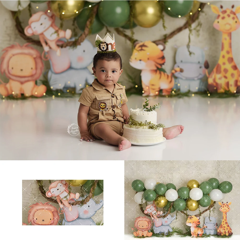 

Фоны с изображением животных для вечеринки в стиле сафари, детский реквизит для торта на первый день рождения, воздушные шары, львы, тигра, жирафа, монеты, слона, фон